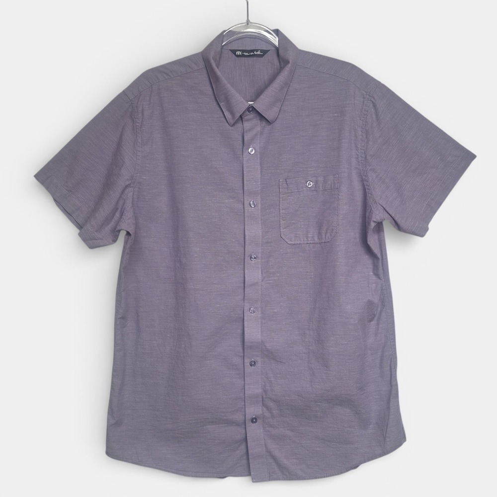 TravisMathew Mens XL Short Sleeve Button Down Shirt Purple Slub Textured Cotton